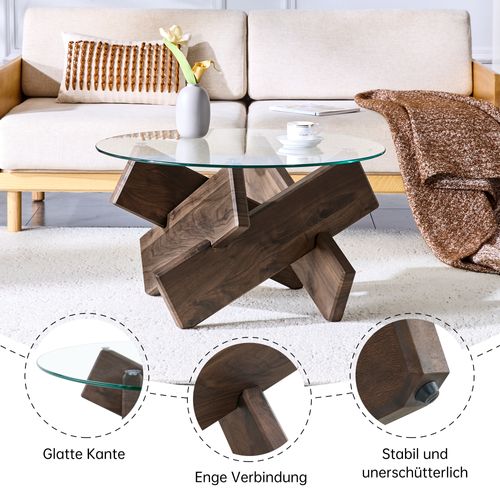 Table Basse Table Ronde En Verre Trempé 79x79x45cm Design Moderne En Bois Croisé Noyer