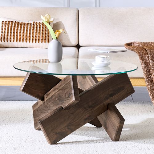 Table Basse Table Ronde En Verre Trempé 79x79x45cm Design Moderne En Bois Croisé Noyer