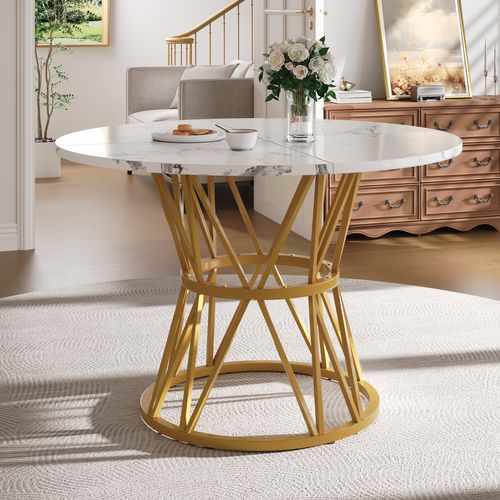 Table à Manger Ronde 4 Personnes 100×100×76cm Pieds Métal Plateau Marbre Cuisine Doré