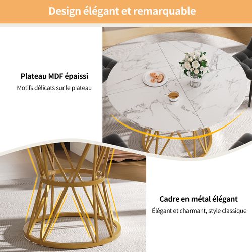 Table à Manger Ronde 4 Personnes 100×100×76cm Pieds Métal Plateau Marbre Cuisine Doré