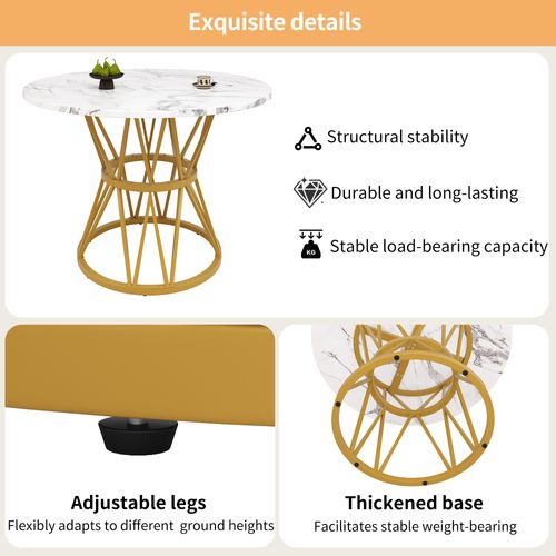 Table à Manger Ronde 4 Personnes 100×100×76cm Pieds Métal Plateau Marbre Cuisine Doré