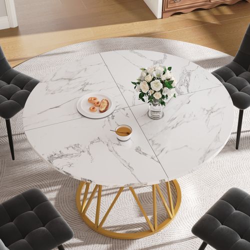 Table à Manger Ronde 4 Personnes 100×100×76cm Pieds Métal Plateau Marbre Cuisine Doré