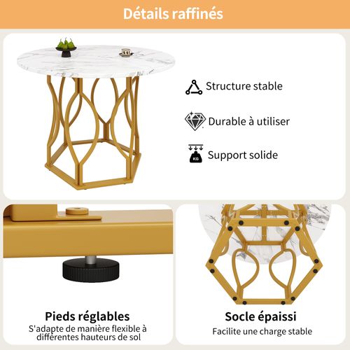 Table Salle à Manger Cuisine 4 Personnes 100cm Pieds Métal Plateau Marbre Mdf Doré