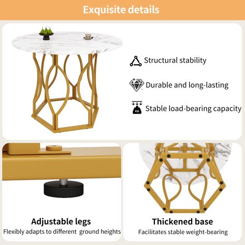 Table Salle à Manger Cuisine 4 Personnes 100cm Pieds Métal Plateau Marbre Mdf Doré