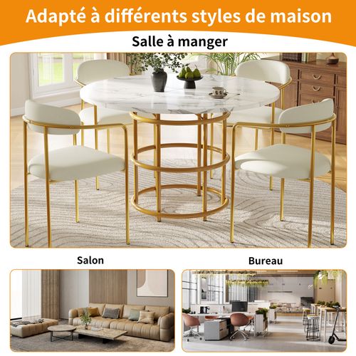 Table à Manger Ronde 4 Personnes100cm Table Cuisine Mdf Pieds Métal Doré Salle à Manger Salon