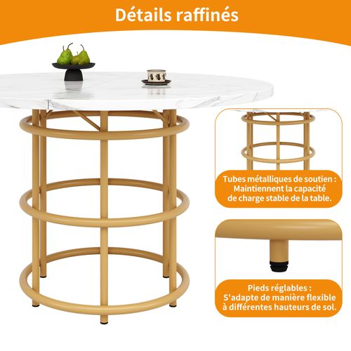Table à Manger Ronde 4 Personnes100cm Table Cuisine Mdf Pieds Métal Doré Salle à Manger Salon