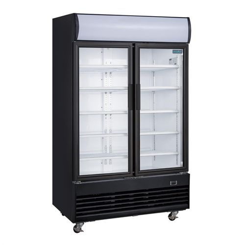 Frigo Professionnel Vitré Noir 2 Portes Battantes Avec Caisson Lumineux Série G 950l -