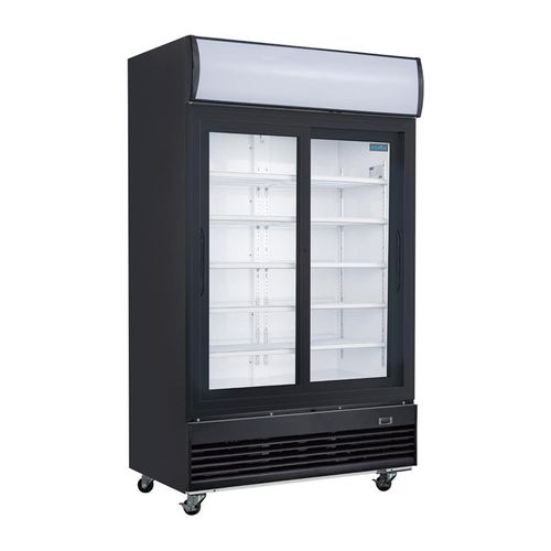Frigo Professionnel Vitré Noir 2 Portes Coulissantes Avec Caisson Lumineux Série G 950l -