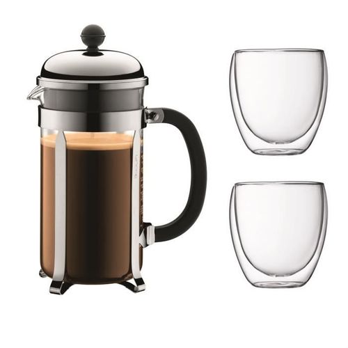 Chambord Set Cafetière à Piston - 8 Tasses - 1l - Gris - Avec 2 Verres Double Paroi Pavina 0,35l