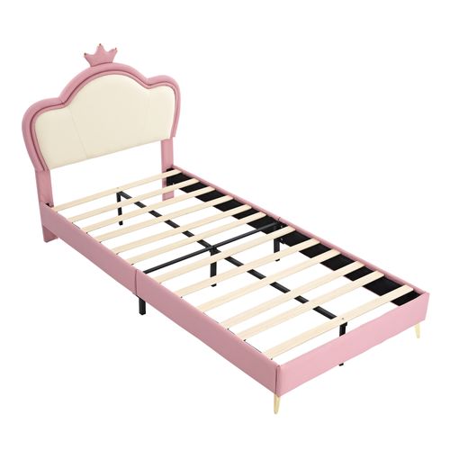 Lit D'enfant 90x200 Cm, Lit Simple, Tête De Lit Avec Couronne, Pu, Rose + Blanc