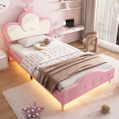 Lit Enfant 90x200cm Avec Bande LED Monochrome, Tête De Lit Couronne, Pu, Rose + Blanc