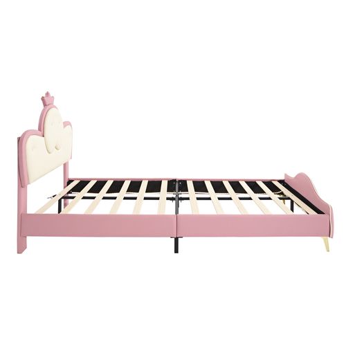 Lit Enfant 90x200cm Avec Bande LED Monochrome, Tête De Lit Couronne, Pu, Rose + Blanc