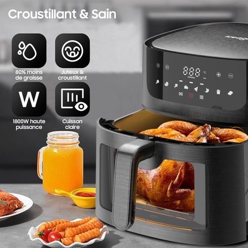 Friteuse Air Fryer 9L - XXL avec Fenêtre - Friteuse à Air, 1800W, 8 en 1, Recettes