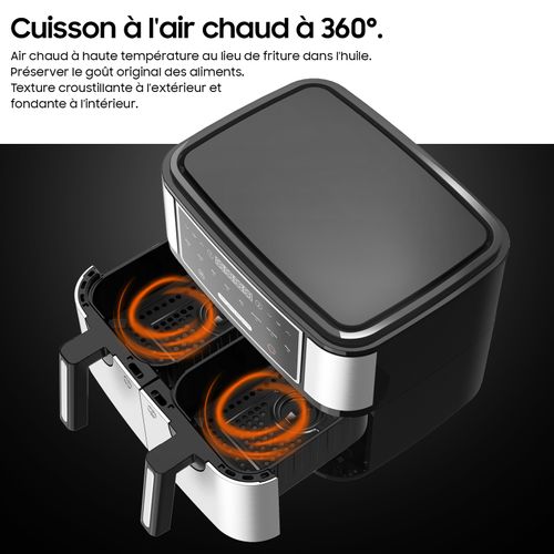 Friteuse à air Sans Huile 2600W, 10L-2 Espaces Indépendants, 8 programmes, Écran LED Tactile