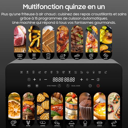 Friteuse Sans Huile 23L Dual Zone avec Cloison amovible ,2200W, 15 en 1 Airfryer, Recettes