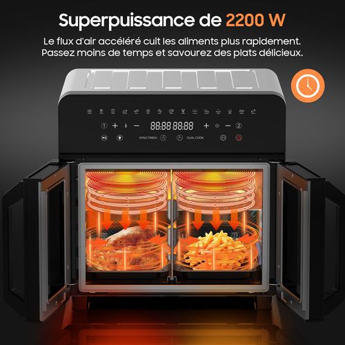 Friteuse Sans Huile 23L Dual Zone avec Cloison amovible ,2200W, 15 en 1 Airfryer, Recettes