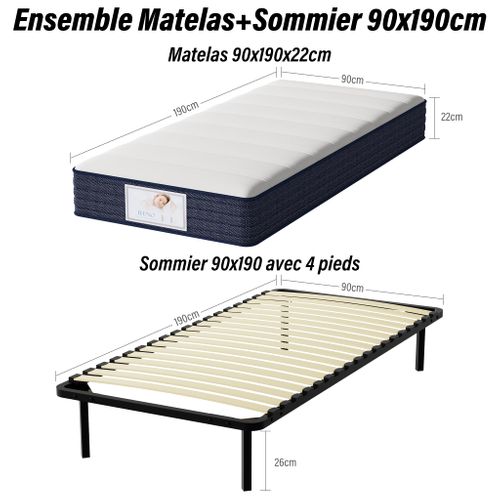 Ensemble Matelas à Ressorts 90x190 cm Epaisseur 22 cm + sommier à Lattes Sur Pieds