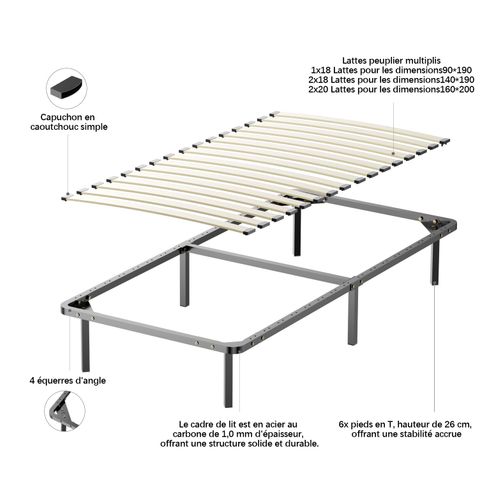 Ensemble Matelas à Ressorts 90x190 cm Epaisseur 22 cm + sommier à Lattes Sur Pieds