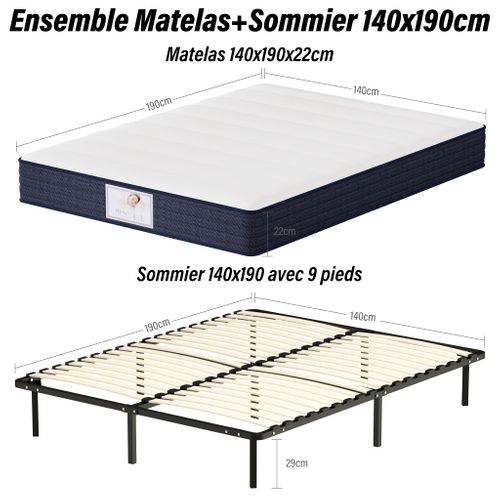 Ensemble Matelas à Ressorts, 140x190cm, Epaisseur 22 cm + sommier à Lattes Sur Pieds