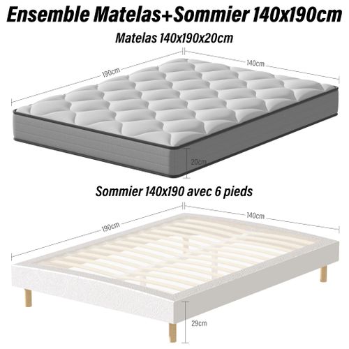 Ensemble Matelas à Ressorts  140x190 cm, Epaisseur 20 cm + Sommier Tapissier Déco