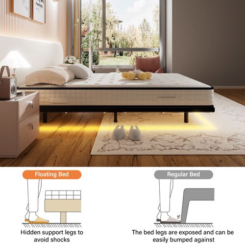 Cadre De Lit LED En Métal 140x190 Cm, Hauteur 20 Cm, Cadre De Lit Flottant, Pieds Dissimulés, Noir
