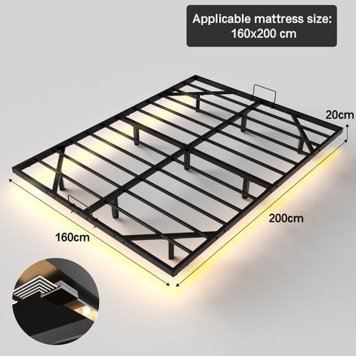 Cadre De Lit LED En Métal 160x200 Cm, Hauteur 20 Cm, Cadre Flottant, Pieds Dissimulés, Noir