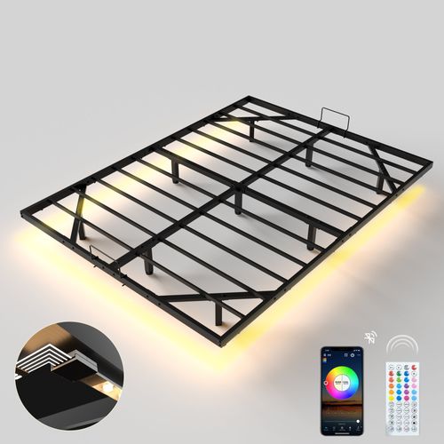 Cadre De Lit LED En Métal 160x200 Cm, Hauteur 20 Cm, Cadre Flottant, Pieds Dissimulés, Noir