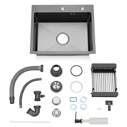 Cuisine Évier Simple En Acier Inoxydable 55*45*19cm - Noir Avec Panier Télescopique