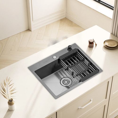 Cuisine Évier Simple En Acier Inoxydable 55*45*19cm - Noir Avec Panier Télescopique