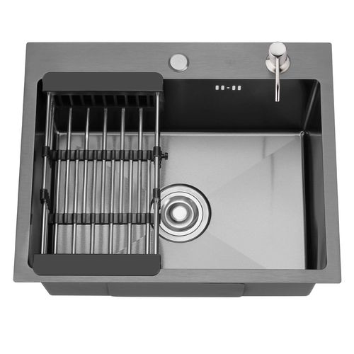 Cuisine Évier Simple En Acier Inoxydable 55*45*19cm - Noir Avec Panier Télescopique