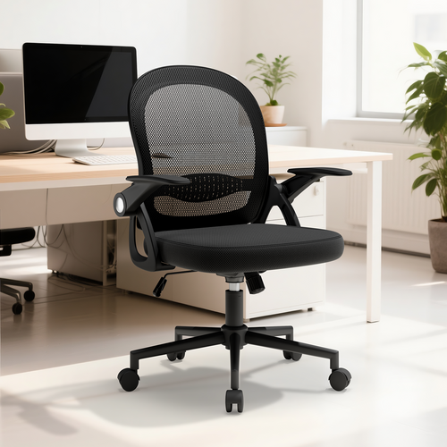 Chaise De Bureau Ergonomique En Maille, Accoudoirs Relevables, Support Lombaire - Noir