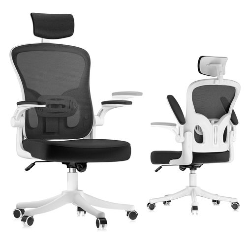 Fauteuil De Bureau Ergonomique Avec Appui-tête, Accoudoirs Et Hauteur Réglables - Noir Et Blanc