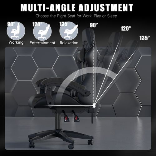 Chaise De Jeu Ergonomique Avec Coussin Lombaire, Appui-tête, Réglable-Noir