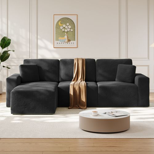 Canapé D'angle Modulable 3 Places En Velours Côtelé - Noir