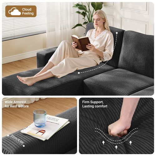 Canapé D'angle Modulable 3 Places En Velours Côtelé - Noir