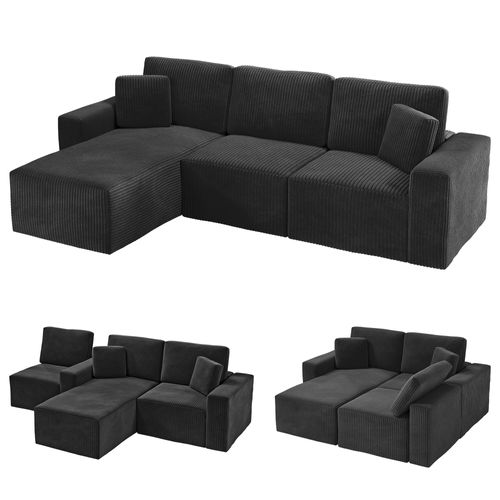 Canapé D'angle Modulable 3 Places En Velours Côtelé - Noir