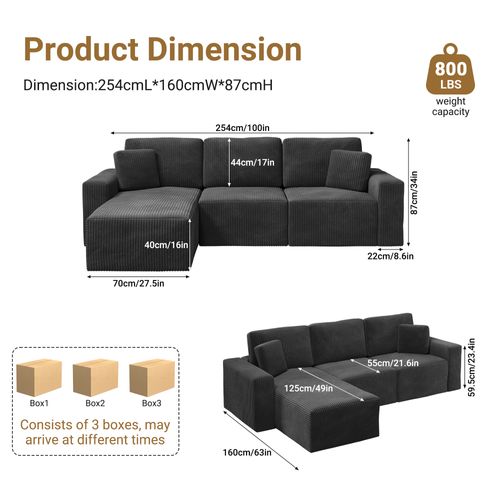 Canapé D'angle Modulable 3 Places En Velours Côtelé - Noir