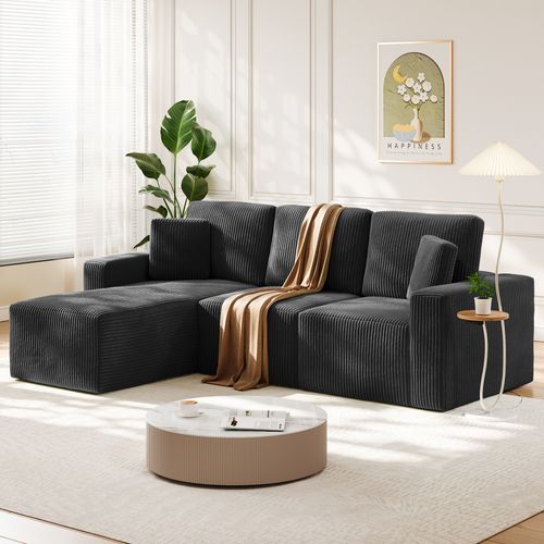 Canapé D'angle Modulable 3 Places En Velours Côtelé - Noir