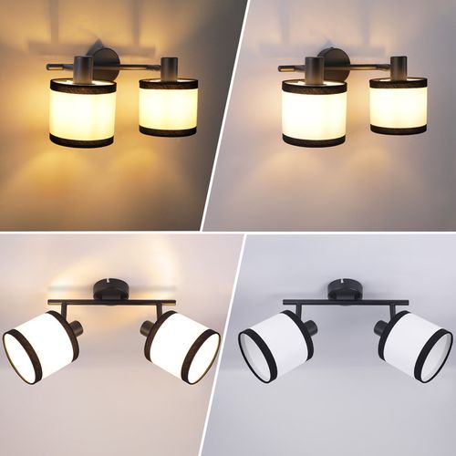 Spot de plafond 2 flammes, noir, en tissu, orientable, E14, vintage, sans ampoule.