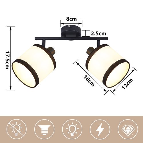 Spot de plafond 2 flammes, noir, en tissu, orientable, E14, vintage, sans ampoule.