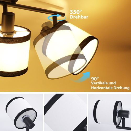 Spot de plafond 3 flammes E14, noir, en tissu, pivotant, vintage, sans ampoule.