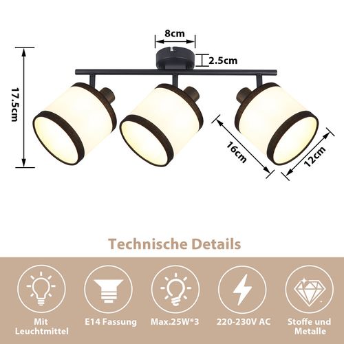 Spot de plafond 3 flammes E14, noir, en tissu, pivotant, vintage, sans ampoule.