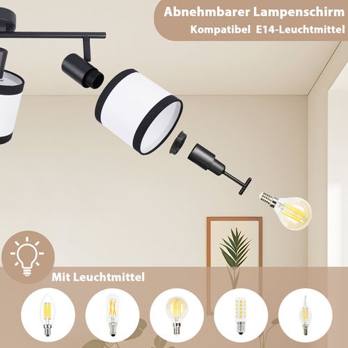 Spot de plafond 3 flammes E14, noir, en tissu, pivotant, vintage, sans ampoule.