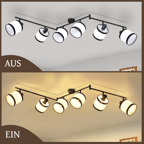 Spot de plafond 6 flammes E14, noir, pivotant, en tissu, rétro, sans ampoule.