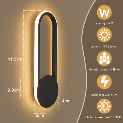 Applique Murale LED D'intérieur - 12w Lampe D'escalier 41cm Noir Lampe De Couloir 3000k