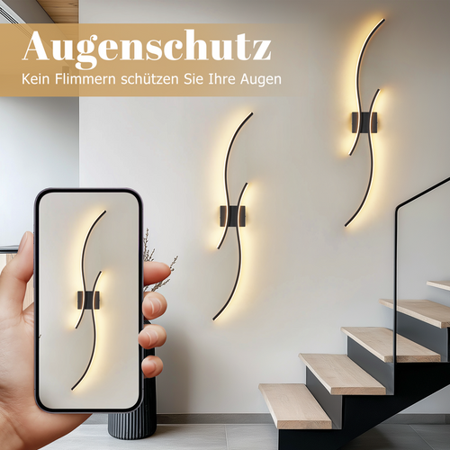 Applique murale LED d'intérieur, 14W, 100cm, noire, design vague moderne, 3000K.