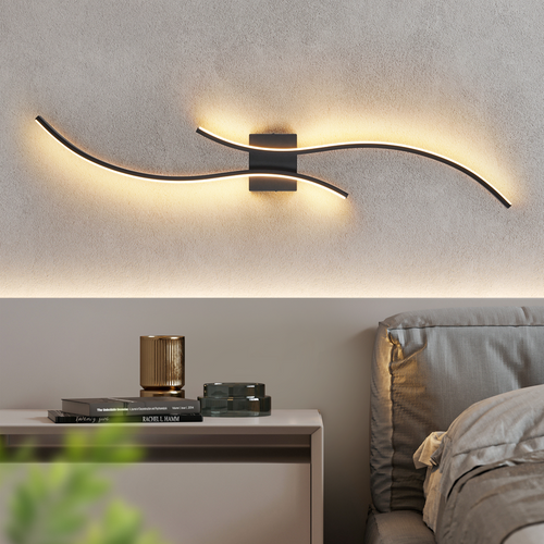 Applique murale LED d'intérieur, 14W, 100cm, noire, design vague moderne, 3000K.