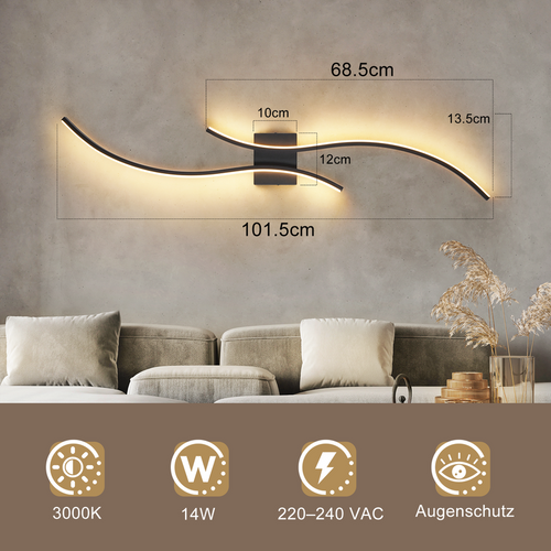Applique murale LED d'intérieur, 14W, 100cm, noire, design vague moderne, 3000K.