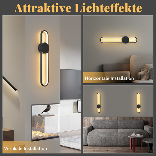 Applique murale LED d'intérieur, 12W, 60cm, noire, design moderne, 3000K.