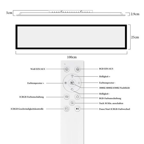Plafonnier LED 100x25, Panneau Rgb Dimmable Avec Télécommande, 24w Noir.